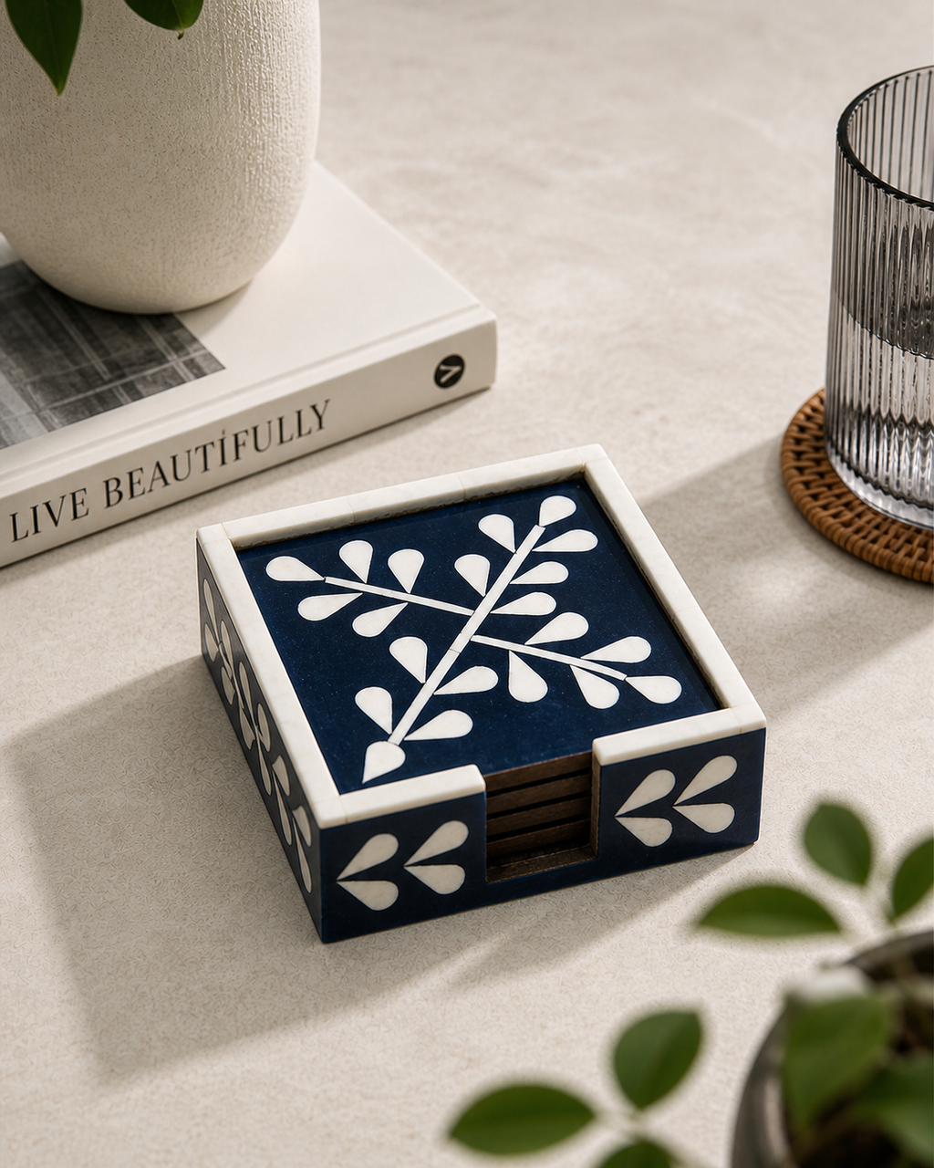 Indigo Bone Inlay Coaster Set