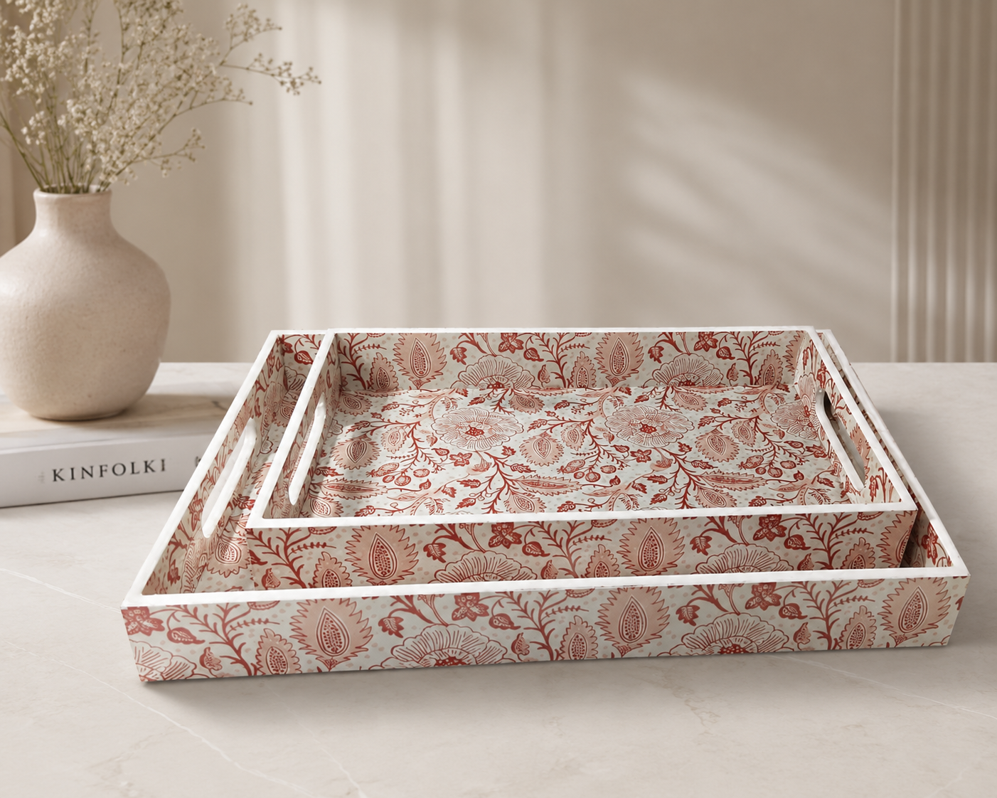 Crimson Bloom Tray Set (Set of 2)