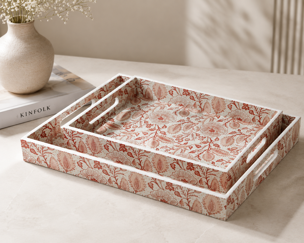 Crimson Bloom Tray Set (Set of 2)