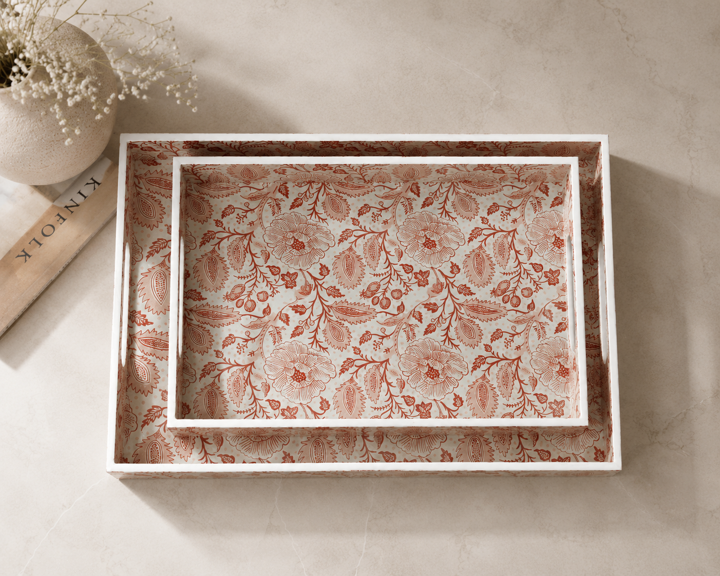 Crimson Bloom Tray Set (Set of 2)