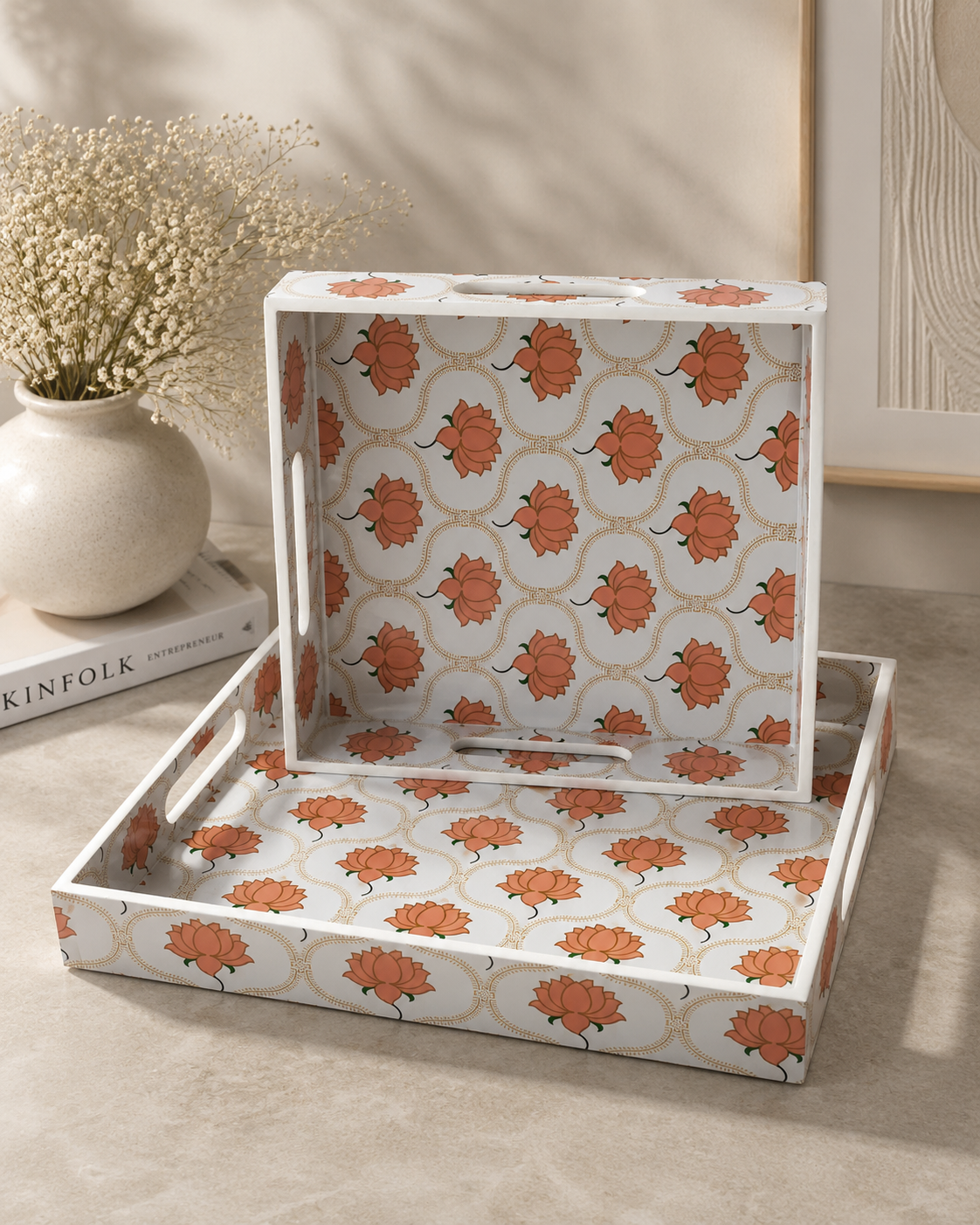Blush Lotus Wooden Tray Set (Set of 2)