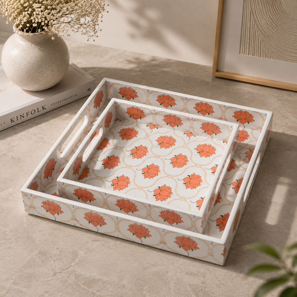 Blush Lotus Wooden Tray Set (Set of 2)