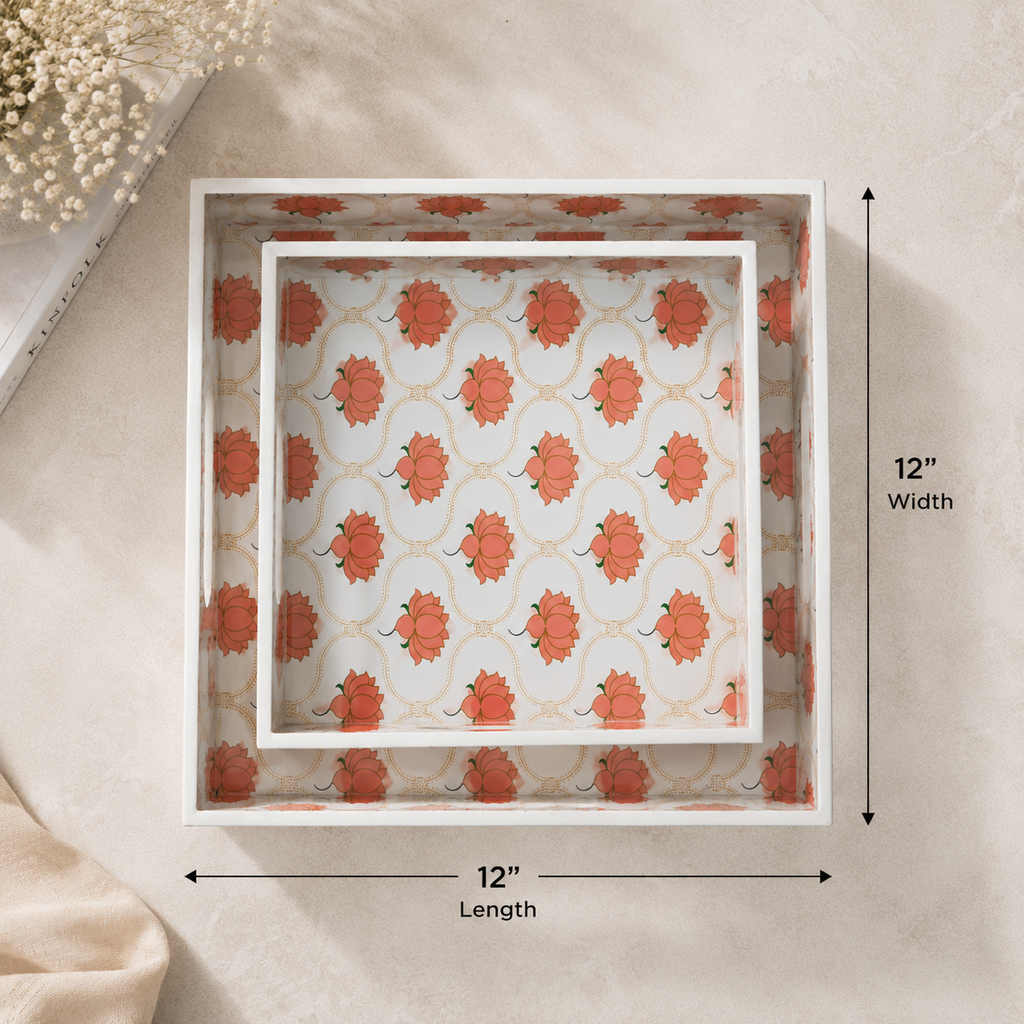 Blush Lotus Wooden Tray Set (Set of 2)