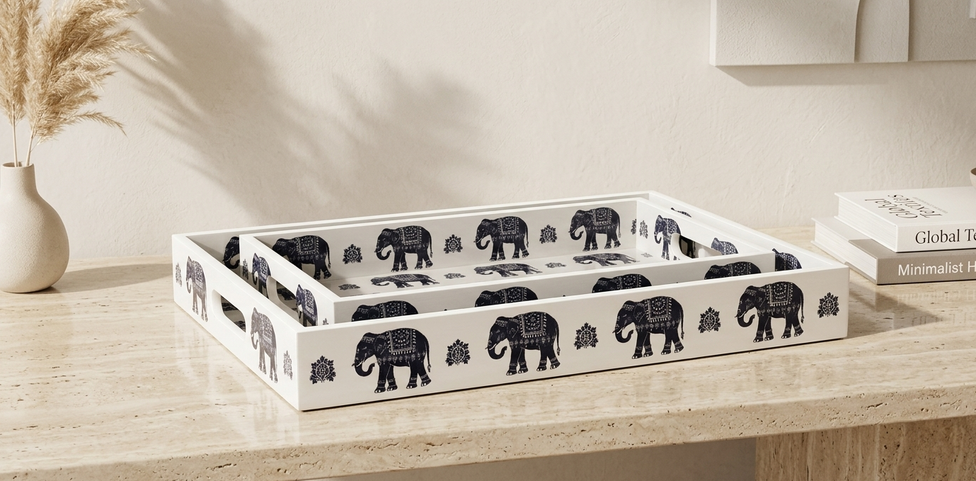 Indigo Elephant Tray Set (Set of 2)