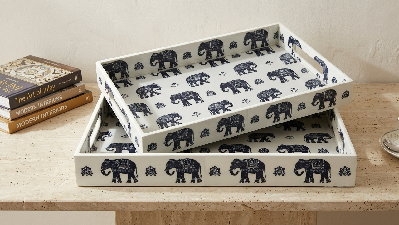 Indigo Elephant Tray Set (Set of 2)