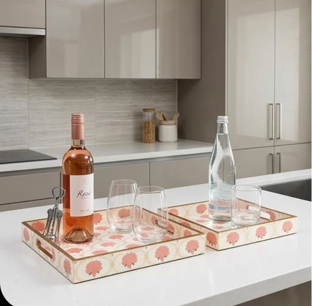 Blush Lotus Wooden Tray Set (Set of 2)